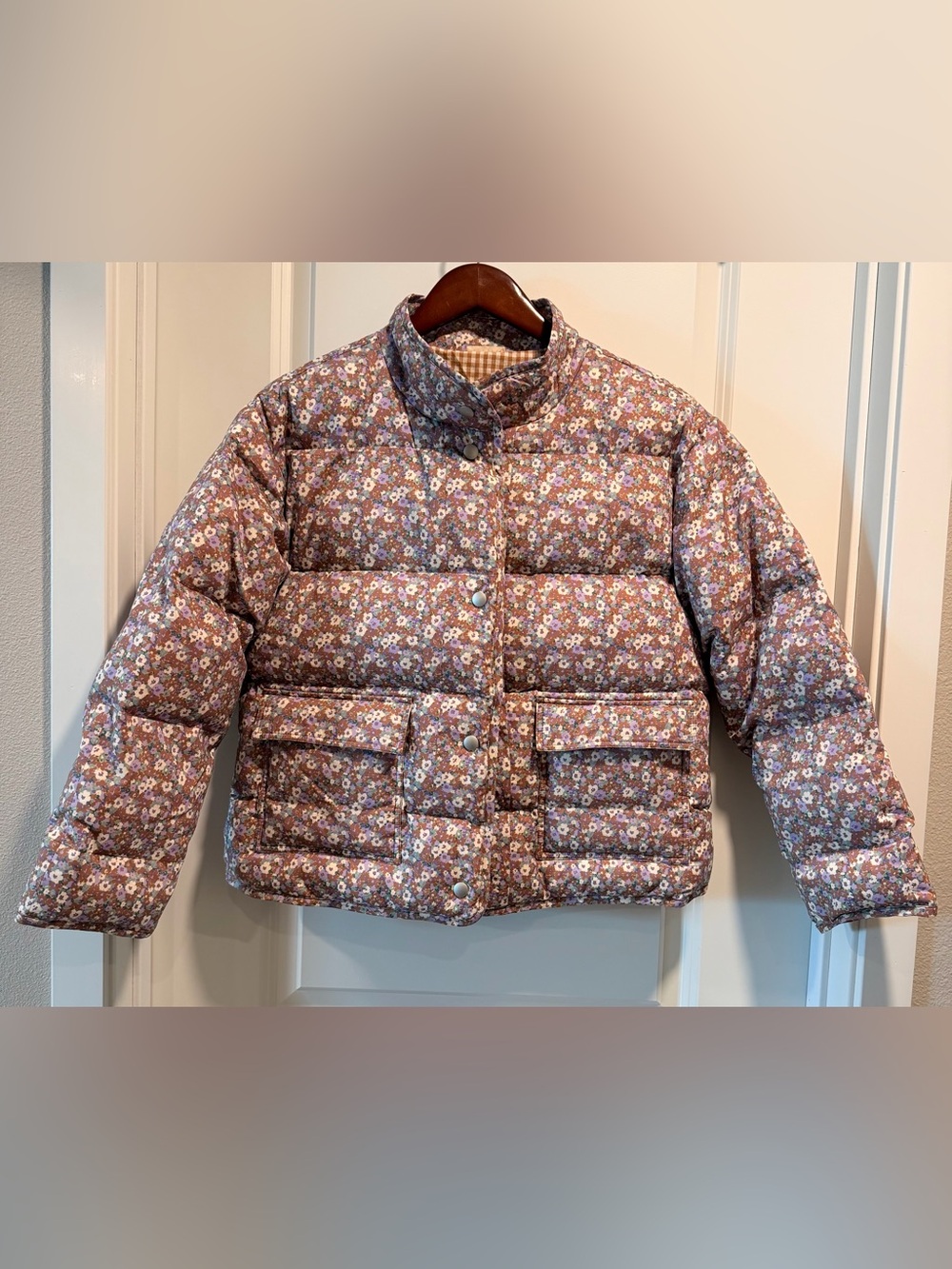 Jodifl Reversible Ditsy Floral Gingham Plaid Puffer Jacket Rare Sample M
